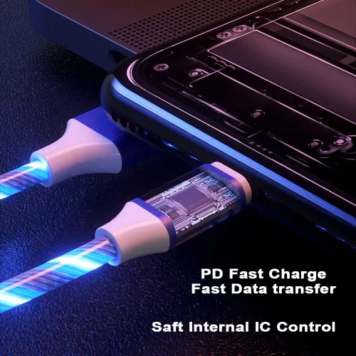 Miniatura 5 de IHAO Cable de carga multipuerto, 3 combinaciones en un cable USB A a USB C/Micro USB PD, cable de carga rápida iluminado LED que fluye compatible