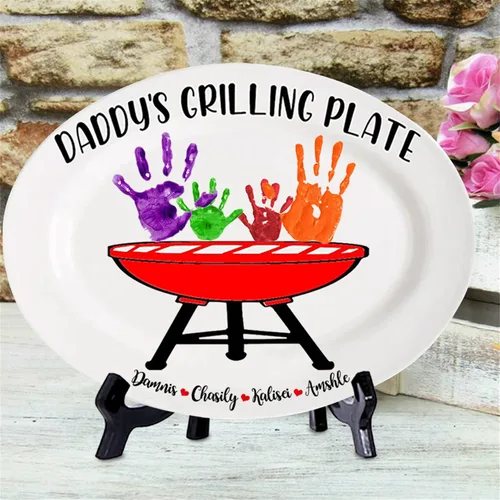 Miniatura 6 de Plato personalizado para asar para papá con nombres de niños, arte infantil, placa de servicio de impresión de mano para la familia, placa