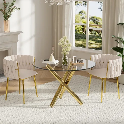 Miniatura 15 de Juego de mesa redonda dorada para 4, juego de mesa de comedor de 39'' con tapa de vidrio transparente, juego de mesa de cocina circular moderna de 5