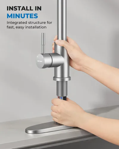Miniatura 7 de WEWE Grifo de cocina de acero inoxidable de 14.5 pulgadas de alto con rociador extraíble, grifo de fregadero giratorio de 360° de níquel cepillado