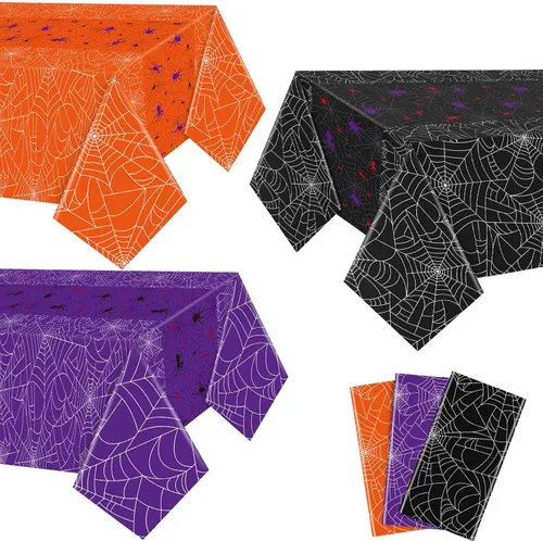 Miniatura 7 de Peryiter Mantel rectangular de plástico para Halloween, tela de araña, 54 x 108 pulgadas, impermeable, desechable, tela de araña para decoración