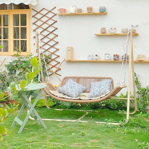 Miniatura 11 de PURPLE LEAF Silla Columpio Nube de 2 Asientos con Soporte Banco Deslizante Loveseat de Mimbre para Patio Colgante Balanceante para Interior Exterior