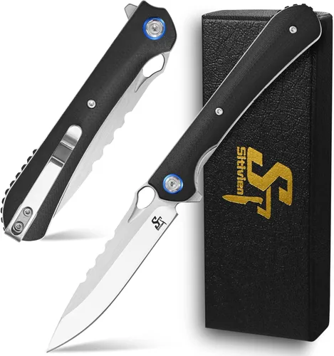 Sitivien ST145 - Cuchillo de bolsillo plegable, hoja de acero 14C28N, mango G10 EDC herramienta cuchillo para supervivencia al aire libre, Negro
