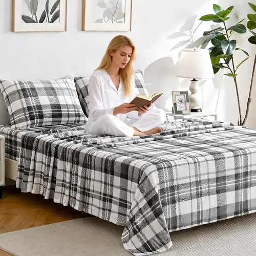 Miniatura 20 de Viviland Juego de sábanas de microforro polar tamaño matrimonial, sábanas ajustadas tipo franela para Navidad con bolsillo de 15" de profundidad