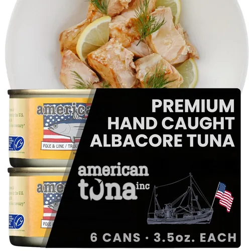 Miniatura 13 de American Tuna Pescado de atún blanco silvestre capturado en poste de grado sushi, sin sal añadida, (12) latas de 3.5 onzas Cosechado