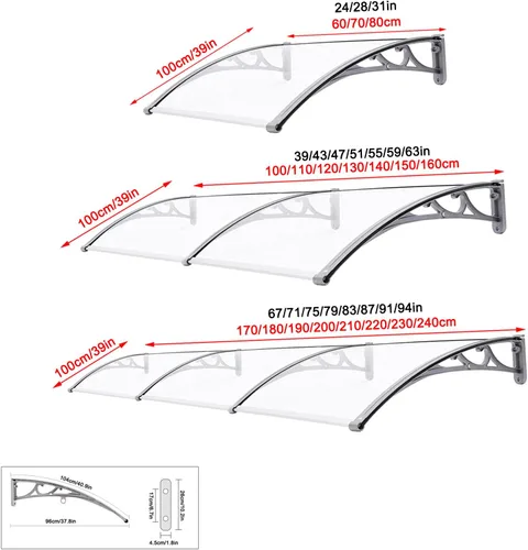 Miniatura 9 de Toldo de aleación de aluminio para puerta delantera, toldo para exteriores, toldo de porche, cubierta de policarbonato transparente silenciosa