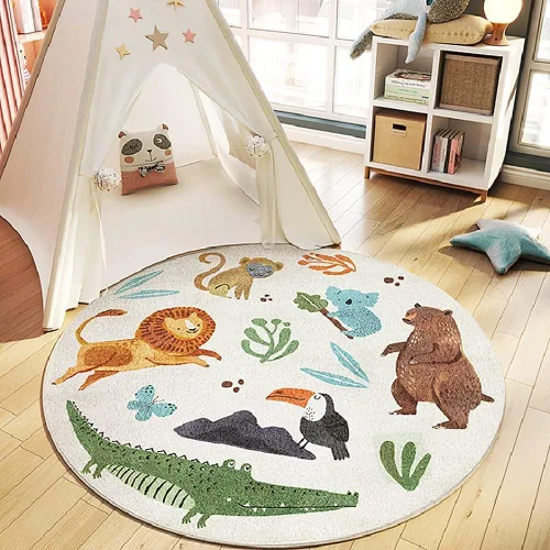 Miniatura 17 de Poowe Alfombra de juego para niños, alfombra redonda educativa del alfabeto, suave, antideslizante, para el dormitorio de los niños pequeños León-2