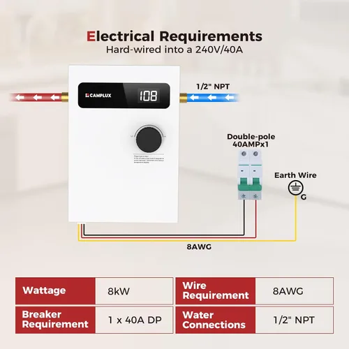 Miniatura 7 de CAMPLUX - Calentador de agua eléctrico sin tanque, 8 kW a 240 voltios, calentador de agua caliente instantáneo bajo demanda para punto de uso