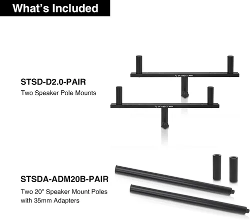 Miniatura 3 de Sound Town 2-Pack Set de Montaje de Poste Dual para Altavoces, Postes Extendidos de 20" para Subwoofer/Altavoces con Adaptadores M20 y 35mm