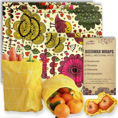 Miniatura 32 de Zelten Envolturas reutilizables de cera de abejas (3 paquetes, 3 tamaños S, M, L) sin plástico y silicona, envoltura ecológica, papel de cera