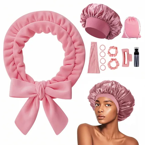 Miniatura 14 de Cintillo para rizos sin calor durante la noche, 177.8 cm de rizador de pelo sin calor para cabello medio largo, color rosado
