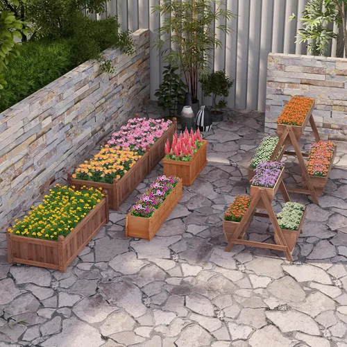 Miniatura 4 de Giantex Cama de jardín vertical elevada, 3 cajas de madera para flores, verduras, frutas y hierbas, maceta de jardín independiente con agujeros