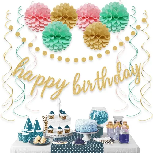 Miniatura 5 de Decoraciones de feliz cumpleaños rosa y dorado – Cartel dorado de feliz cumpleaños, flores con pompones, guirnalda de puntos circulares brillantes