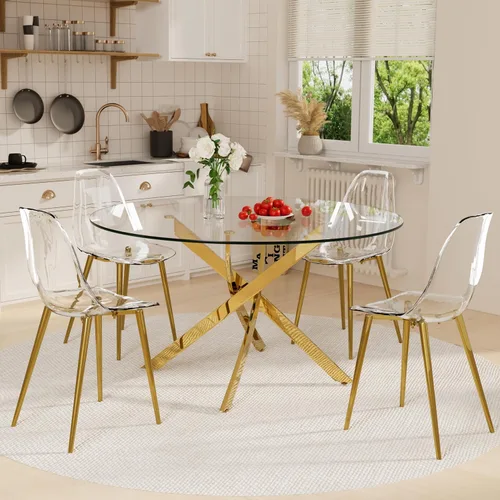 Miniatura 11 de Juego de mesa de comedor de cristal redondo transparente para 4, juego de mesa de cocina circular de 5 piezas, juego de mesa de comedor circular
