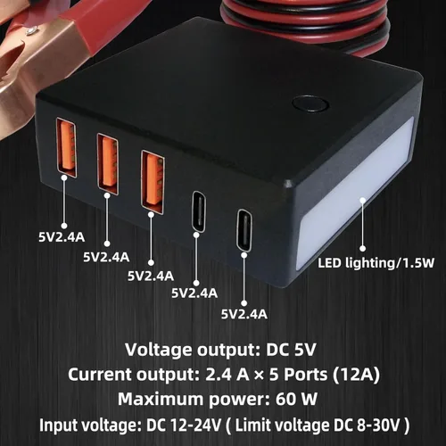 Miniatura 2 de 12V 24V a USB USB-C Buck Conversión Cargador Multi Puerto Adaptador Salida DC 5V 12A 60W