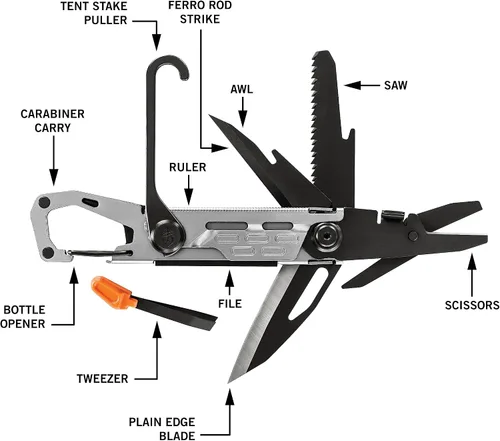 Miniatura 9 de Gerber Gear Stake Out 11 en 1 multiherramienta, hoja de borde liso de 2.2 pulgadas, extractor de estacas de tienda, transporte de mosquetón,