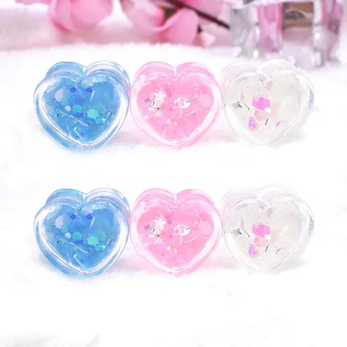 Miniatura 2 de 6 unids3 pares brillando Paillette en forma de corazón medidores de oreja túneles y enchufe acrílico dilatador de oreja Stud estirando