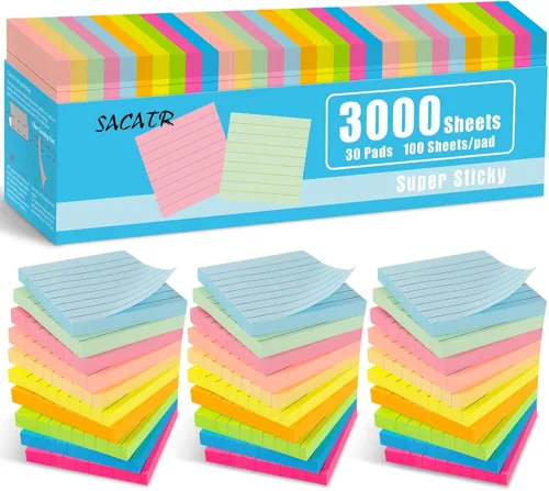SACATR 30 blocs de notas adhesivas forradas, blocs de notas adhesivas de 3 x 3 pulgadas, 10 notas adhesivas de colores brillantes con líneas, bloc