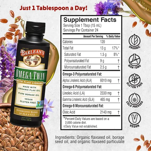 Miniatura 2 de Barlean's Omega Twin - Suplemento de aceite de linaza líquido y aceite de borraja puro con lignanos, 6,010 mg de ALA y 465 mg de ácidos grasos Omega