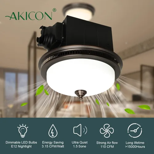 Miniatura 4 de Akicon Extractor de baño con luz, ultra silencioso de 110 CFM 1.5 Sones Ventilación de escape de baño Combo de luz y luz nocturna, 3 años de Blanco