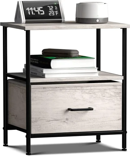 Miniatura 21 de Sorbus Mesita de noche con 1 cajón, mueble de noche y mesa auxiliar con marco de acero, parte superior de madera y contenedores de tela fáciles