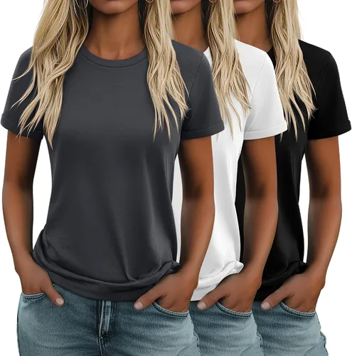 Miniatura 34 de Huukeay Paquete de 3 camisetas de algodón para mujer, estilo casual, de manga corta, cuello redondo, ajuste holgado, básica, lisa
