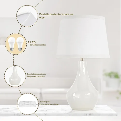 Miniatura 6 de Seealle Lámparas de Mesa de Cerámica Modernas para Mesitas de Noche - Juego de 2 Lámparas de Cabecera para Mesita de Noche, Lámpara Blanca