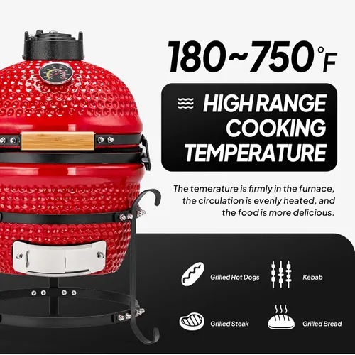 Miniatura 3 de ROVSUN Parrilla de Carbón de Cerámica Esférica Roja de 13 Pulgadas con Forro Interior, Ahumador BBQ Portátil para Cocinar al Aire Libre, Acampar