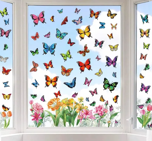 Whaline 9 hojas de primavera de mariposa para ventana, decoración de ventanas de flora de mariposa colorida de verano, calcomanías reutilizables