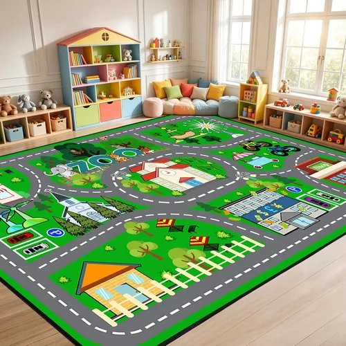 Miniatura 7 de Alfombra de carretera para habitación de niños, alfombra de juego azul para pista de carreras, alfombra de coche para dormitorio, sala