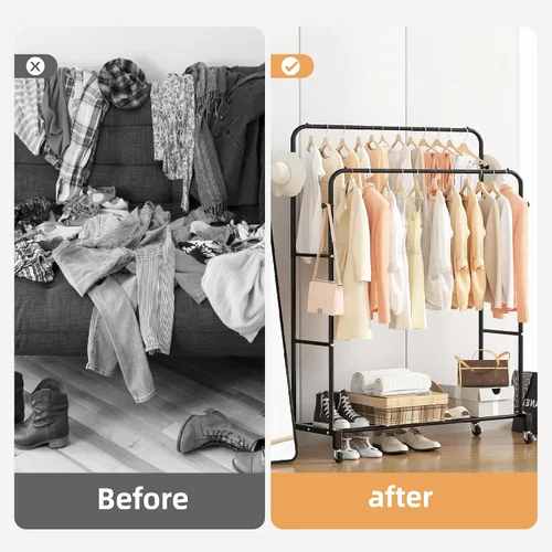Miniatura 3 de Sooyee Perchero de doble barra con ruedas, perchero de 3 niveles para colgar ropa, perchero portátil con 4 ganchos para dormitorio, cuarto de Negro