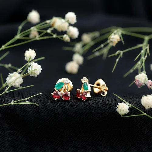 Miniatura 5 de Aretes de cereza esmeralda y rubí natural para mujer, calidad AAA certificada, aretes de tuerca de cereza roja