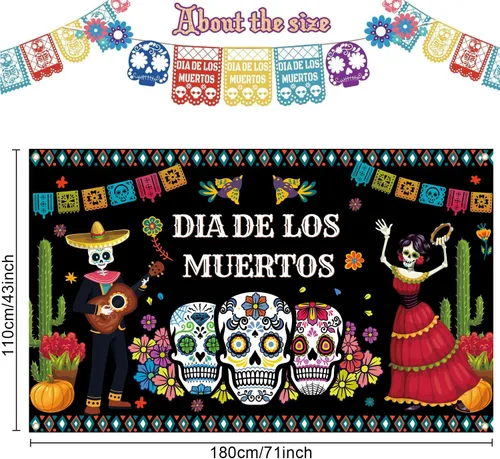 Miniatura 2 de Decoraciones del Día de los Muertos, telón de fondo de pancarta del día de los muertos, fondo de fotografía de flores de calavera de azúcar
