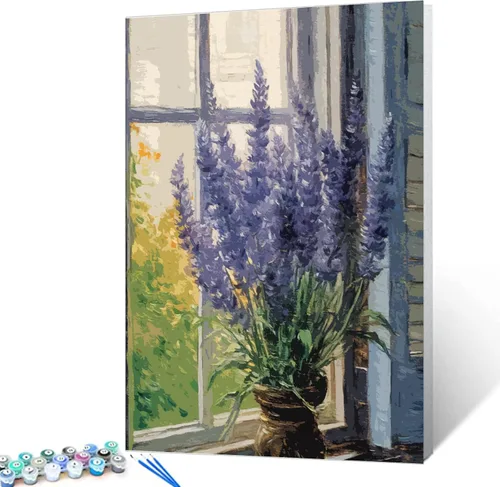 Tucocoo Kit de pintura de lavanda por números con pinceles y pigmento acrílico sobre lienzo para adultos, diseño rústico de ventanas, arte floral,