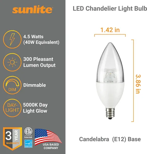 Miniatura 2 de Sunlite Bombilla LED B11 transparente con punta de torpedo, 4.5 vatios (equivalente a 40 W) 300 lúmenes, base de candelabro E12, regulable, 5000K