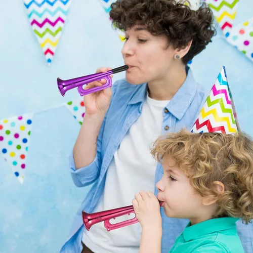 Miniatura 2 de TOYANDONA Trompetas de juguete para niños, paquete de 6 cuernos de fiesta de plástico, fabricantes de ruido para juegos deportivos, celebraciones