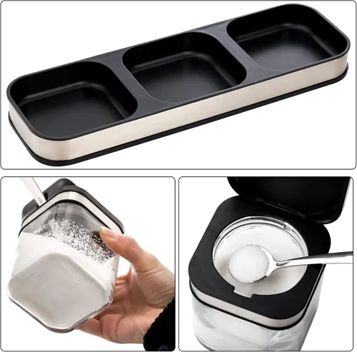 Miniatura 3 de DEAYOU Paquete de 3 cajas de condimentos de vidrio con bandeja, recipiente transparente para condimentos con tapa de acero inoxidable 18/10