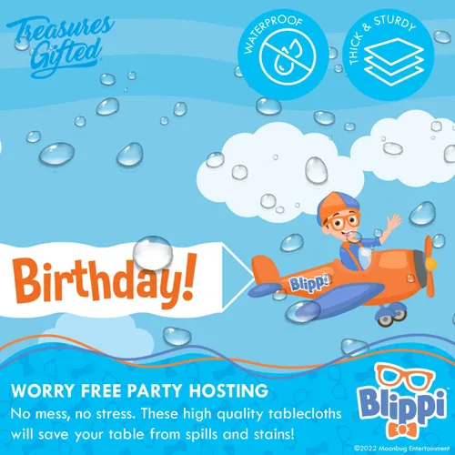 Miniatura 3 de Treasures Gifted Suministros para fiesta de cumpleaños con licencia oficial de Blippi, paquete de 2, mantel Blippi de 54 x 108 pulgadas, suministros
