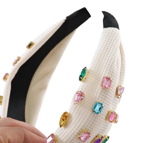 Miniatura 5 de Diadema anudada con joyas para mujeres y niñas, diadema de diamantes de imitación de cristal brillante, nudo superior ancho para mujer, diadema Beige