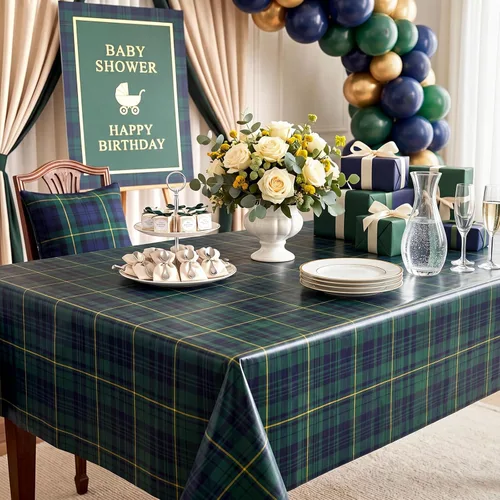Miniatura 5 de Oudain 1 mantel de plástico a cuadros verde y azul de 108 x 54 pulgadas, colorido mantel de feliz cumpleaños, rectangular, desechable, impermeable