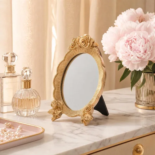 Miniatura 9 de HEALLILY Espejo de maquillaje ovalado de resina, portátil, estilo europeo, espejo cosmético de mano con marco de alivio de rosas, ligero