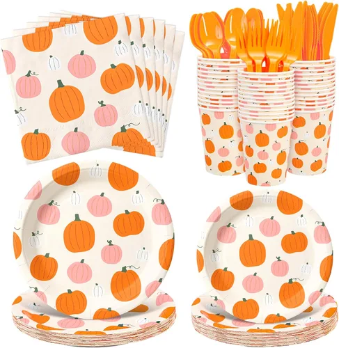 Whaline 168 Pcs Fall Pumpkin Paper Plates Napkins Set Autumn Pink Orange A Little Pumpkin Is On The Way Disposable Tableware Cups and Cutlery for 24