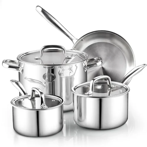 Cook N Home Juego de utensilios de cocina de acero inoxidable con revestimiento de tres capas de 7 piezas, ollas y sartenes, juego de cocina con