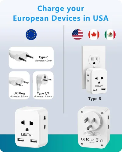 Miniatura 2 de LENCENT Adaptador de Enchufe de la UE a EE. UU., Adaptador de Toma Europeo a EE. UU. con 2 USB, Toma de Europa a América, Extensor de Toma de 3