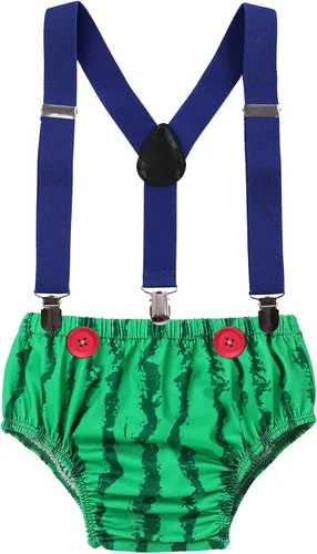 Miniatura 10 de Conjunto de 4 piezas de 3 piezas para bebé, diseño de sandía, para el primer cumpleaños, para tarta, de manga corta, pañales, con tirantes