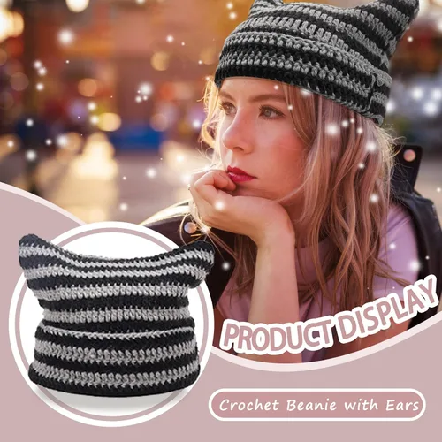 Miniatura 6 de Gorro de punto con orejas de gato para mujer, gorro de ganchillo con gorro de invierno a rayas, accesorios Y2K, gorros estilo gótico grunge