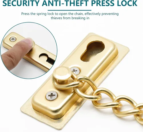 Miniatura 3 de Bonsicoky Paquete de 2 cerraduras de cadena de puerta con resorte, protector de cadena de seguridad de acero inoxidable, cerradura de prensa Oro