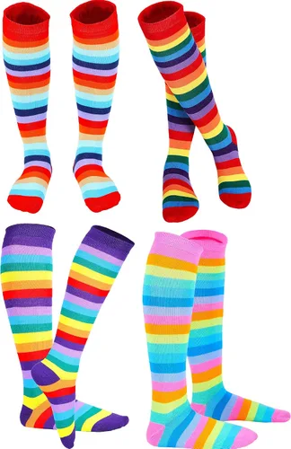 SATINIOR 4 pares de calcetines de rodilla arcoíris para mujer, coloridos a rayas, medias altas hasta el muslo, Varios colores