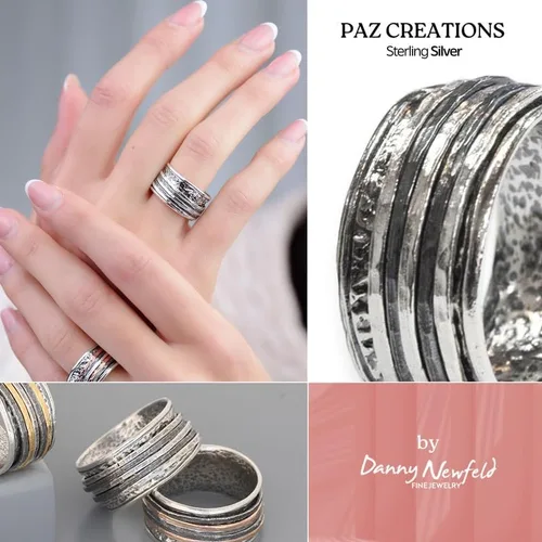 Miniatura 4 de Paz Creations - Anillos giratorios de plata de ley 925 para mujeres y hombres, anillo de meditación de banda gruesa con patrón martillado, joyería