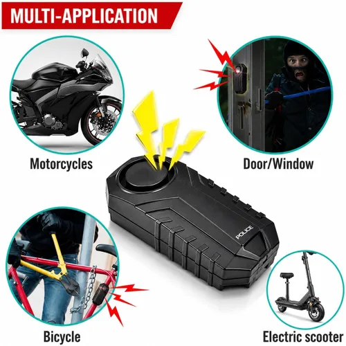 Miniatura 4 de Police Alarma de bicicleta con control remoto 113dB inalámbrico antirrobo vibración, sensor de movimiento, sistema de seguridad impermeable